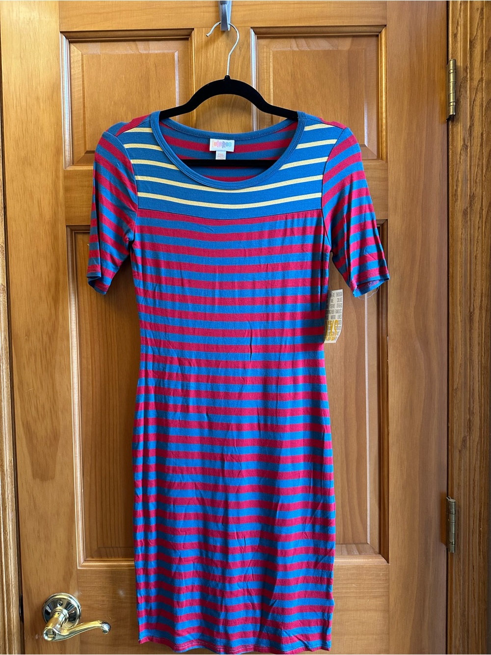 LuLaRoe Julia Striped Short Sleeve Dress - Teal, Red, Yellow